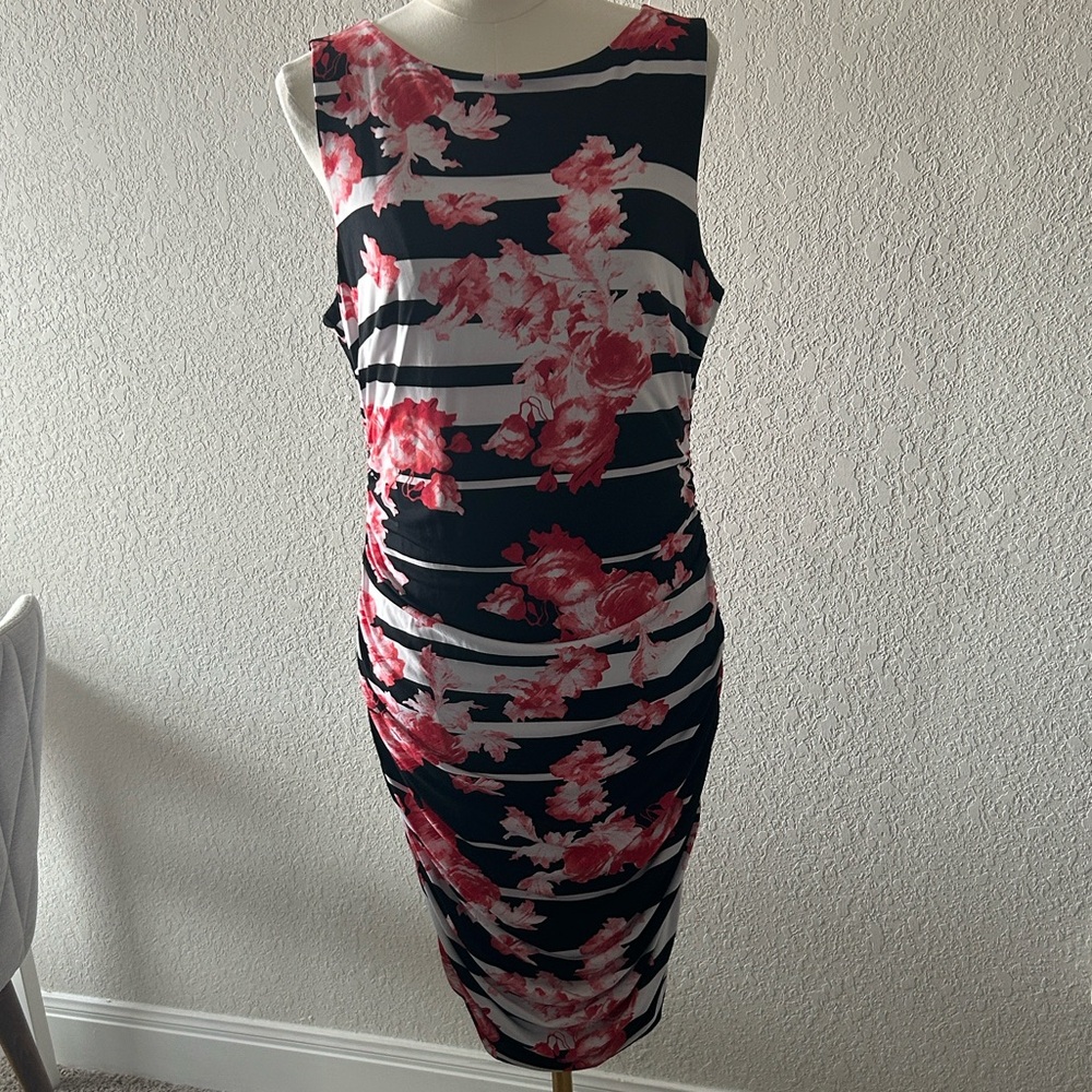 Thalia Sodi Black, White and and Red and Pink Floral Midi Ruched Dress